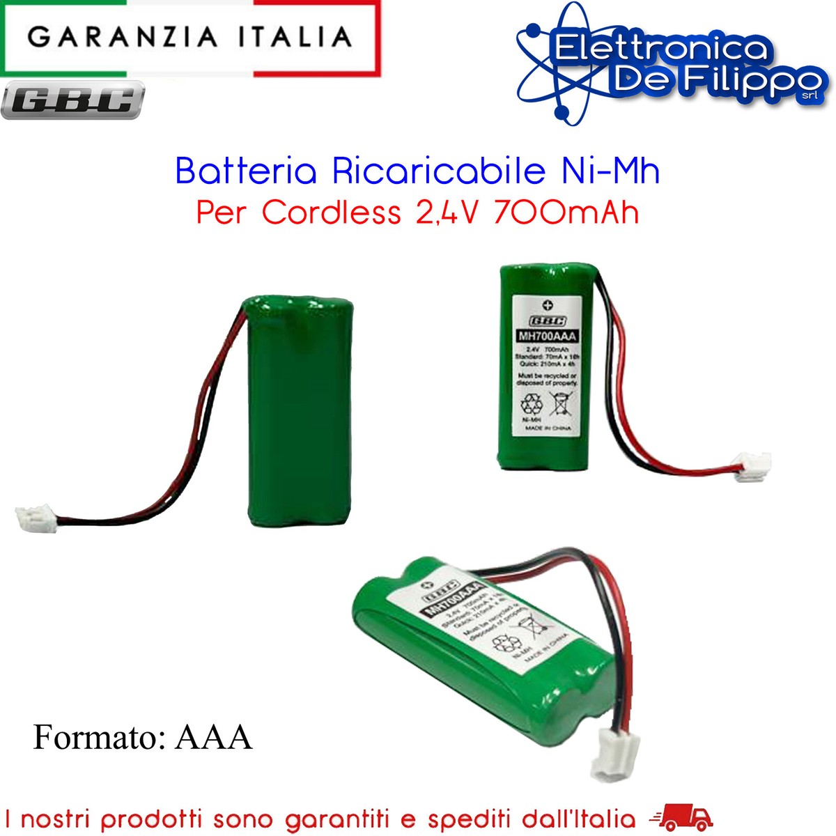 Pacco Batteria Ricaricabile NiMH 2,4V 700mA (2xAAA) Per Telefoni - Foto 5
