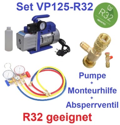 Füllset: Vakuumpumpe 70 L/min f. R32 Klimaanlage + Monteurhilfe + Absperrventil