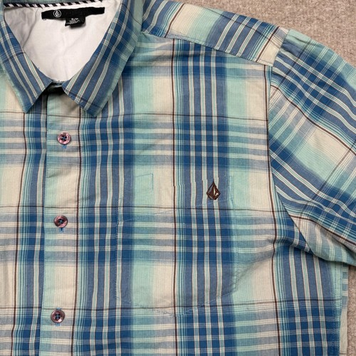 Volcom Men's Shirt Size S Blue Button Up Short Sleeve Plaid Skateboarding Surfer - Picture 4 of 8