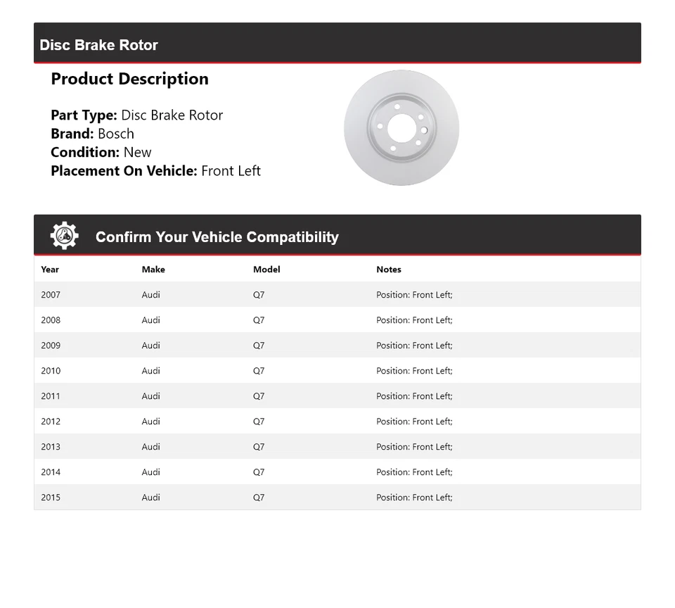 Rotor de freno de disco delantero izquierdo para Audi Q7 Bosch QuietCast 2007-2015 2008 2009 2010 Foto 2 de 4