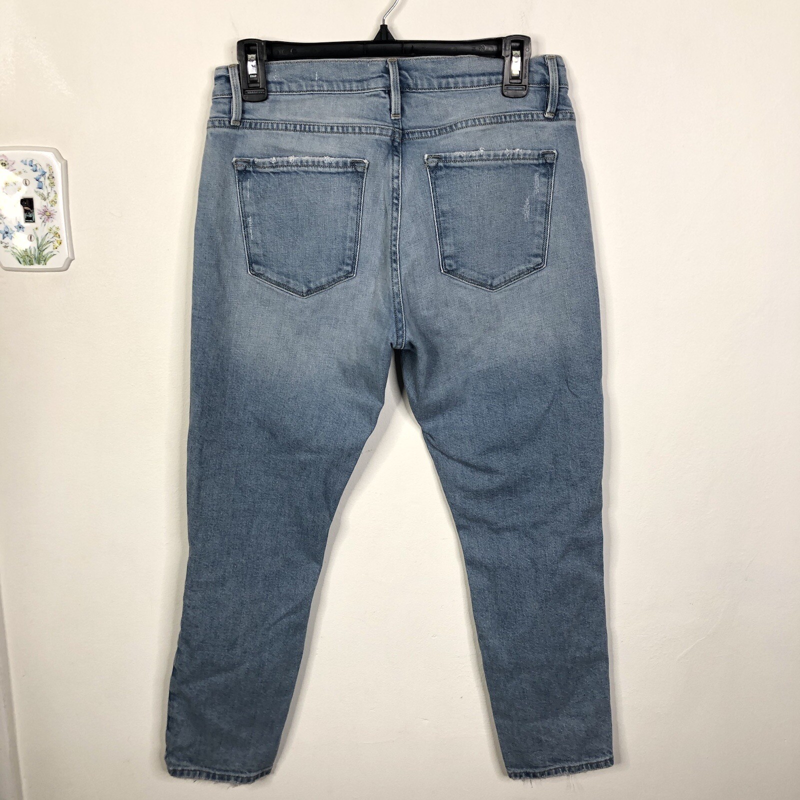 Frame Le Garcon Crop Distressed Blue Jeans in Bathe W… Gem