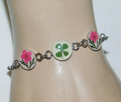 Lucky Irish leaf Clover Shamrock Pink Flower Silver Chain Bracelet 2c 46 