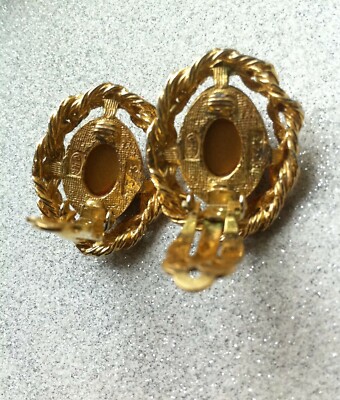 Boucles D'oreilles Clips Vintage Signées SPHINX - Cabochon De Verre - Doré - Occasion