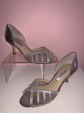 NEW NINA 37 7 Silver Metallic Rhinestone Open Toe Designer Heels Womens Shoes