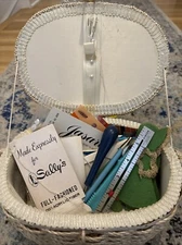 Vintage Wicker Sewing Box Basket Satin Lining - With Notions