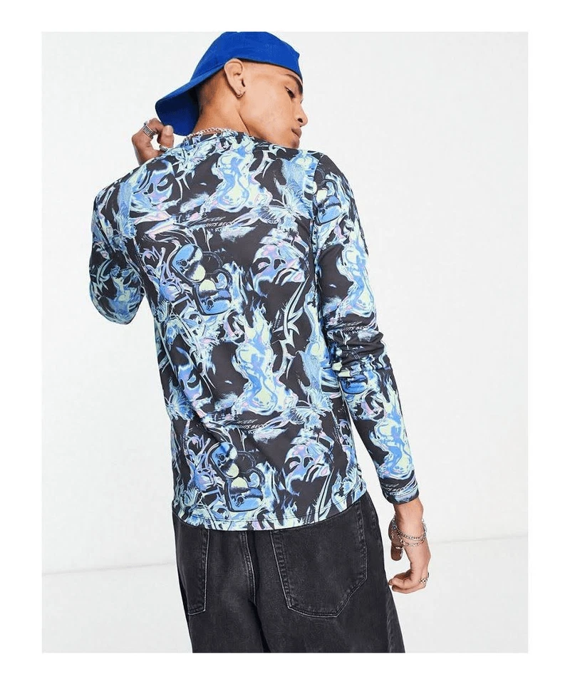 Camiseta manga larga musculosa para hombre ASOS estampado por todas partes pequeño club colorido Foto 3 de 4