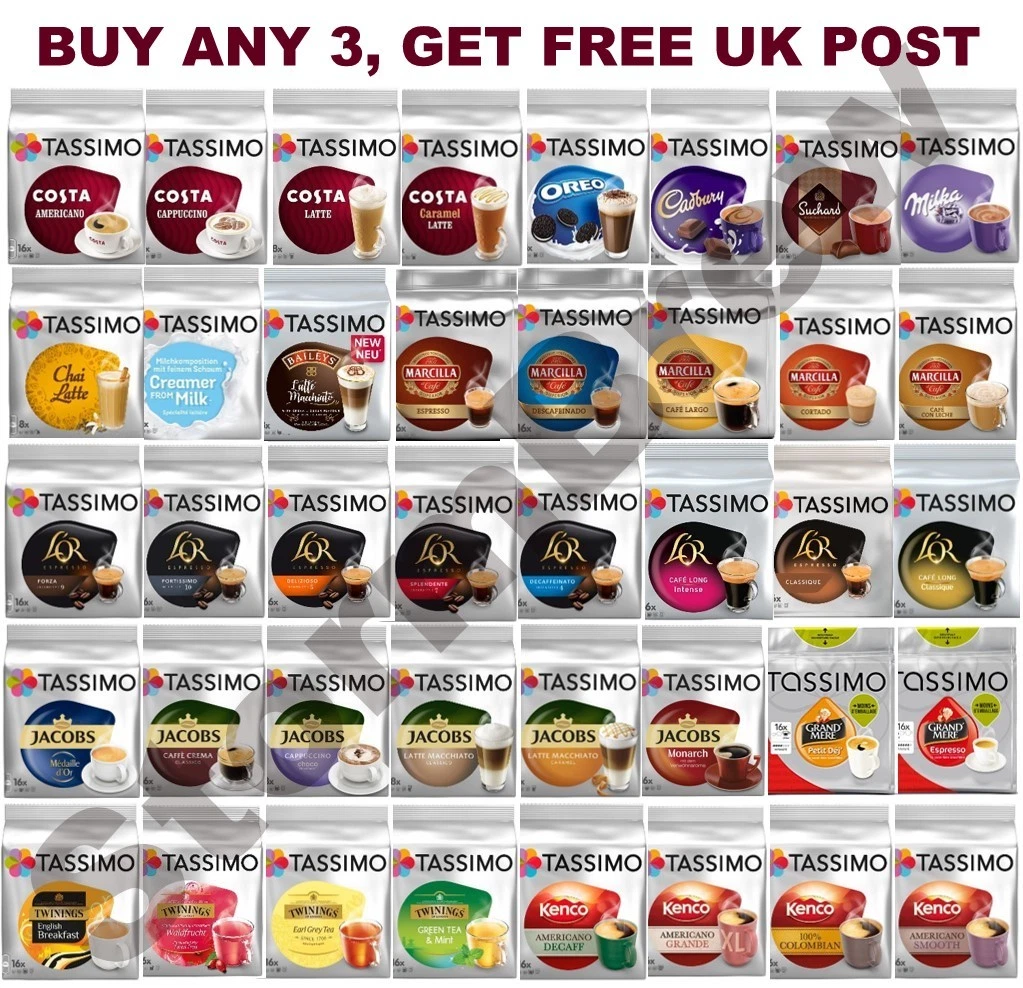 TASSIMO PODS / CAPSULES PACKS: COFFEE, LATTE, HOT CHOCOLATE, CAPPUCCINO,  COSTA