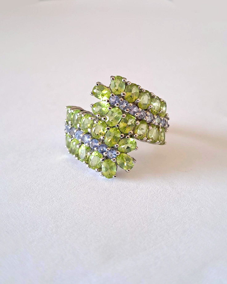 Bague cocktail péridot et tanzanite en argent 925 taille 60