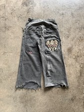 Vintage 90 s JNCO Black Baggy Wide-Leg Skull Embroidery Thrashed Repaired Jeans
