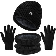 Winter Beanie Hat Scarf Touchscreen Gloves Set for Men Women, Black Stripes