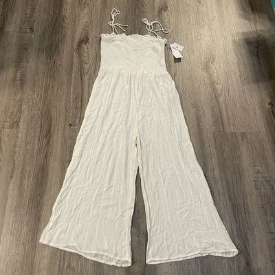 NWT $65 Rip Curl Cream Ruched Jumpsuit Cropped Tie Strap Romper Cover-Up XL