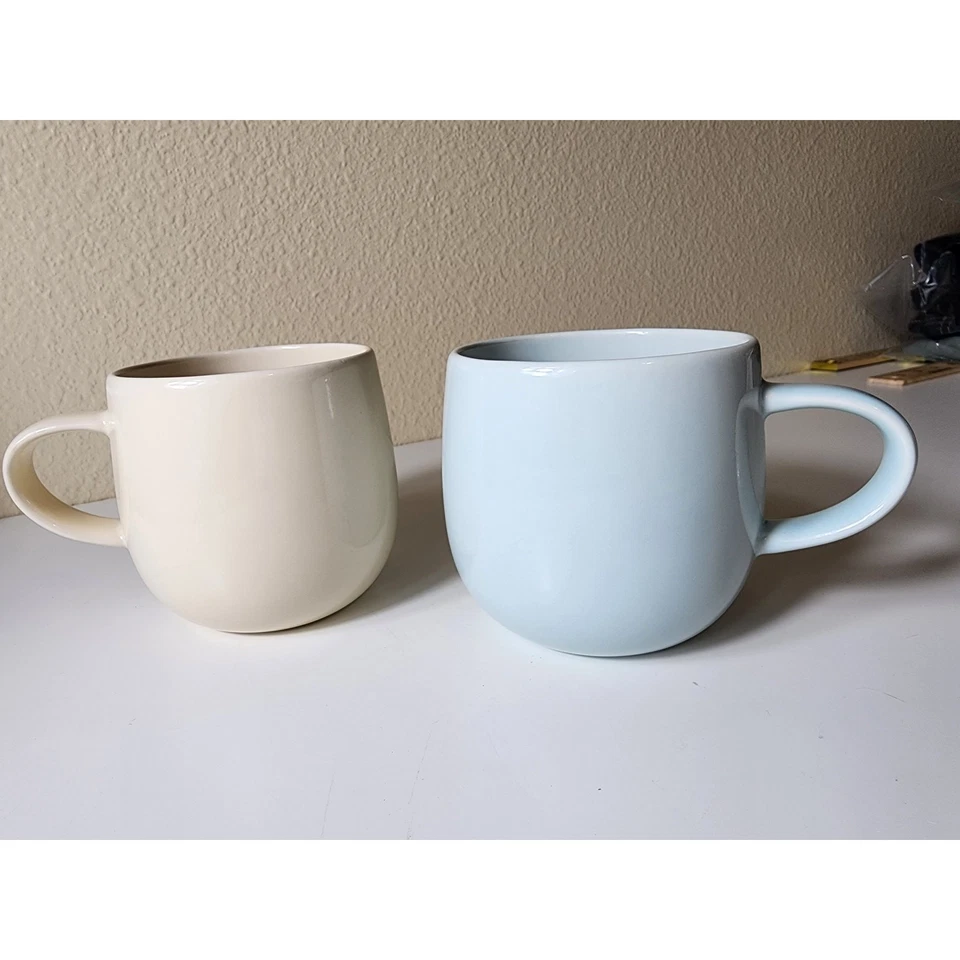 CRATE & BARREL Tan and Blue Ceramic Coffee Mugs - set of 2 - Image 2 of 4
