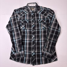 BKE Buckle Mens Large Athletic Fit Blue Black Plaid Snap Button Up Shirt