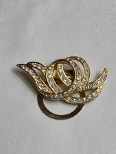 Vintage ANNE KLEIN gold Tone Rhinestone Scarf Dress Clip 