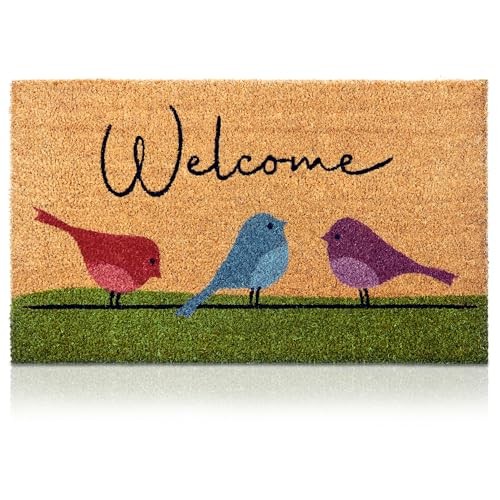Tapis de porte paillasson oiseaux colorés en noix de coco 70x40cm antidérapant extérieur