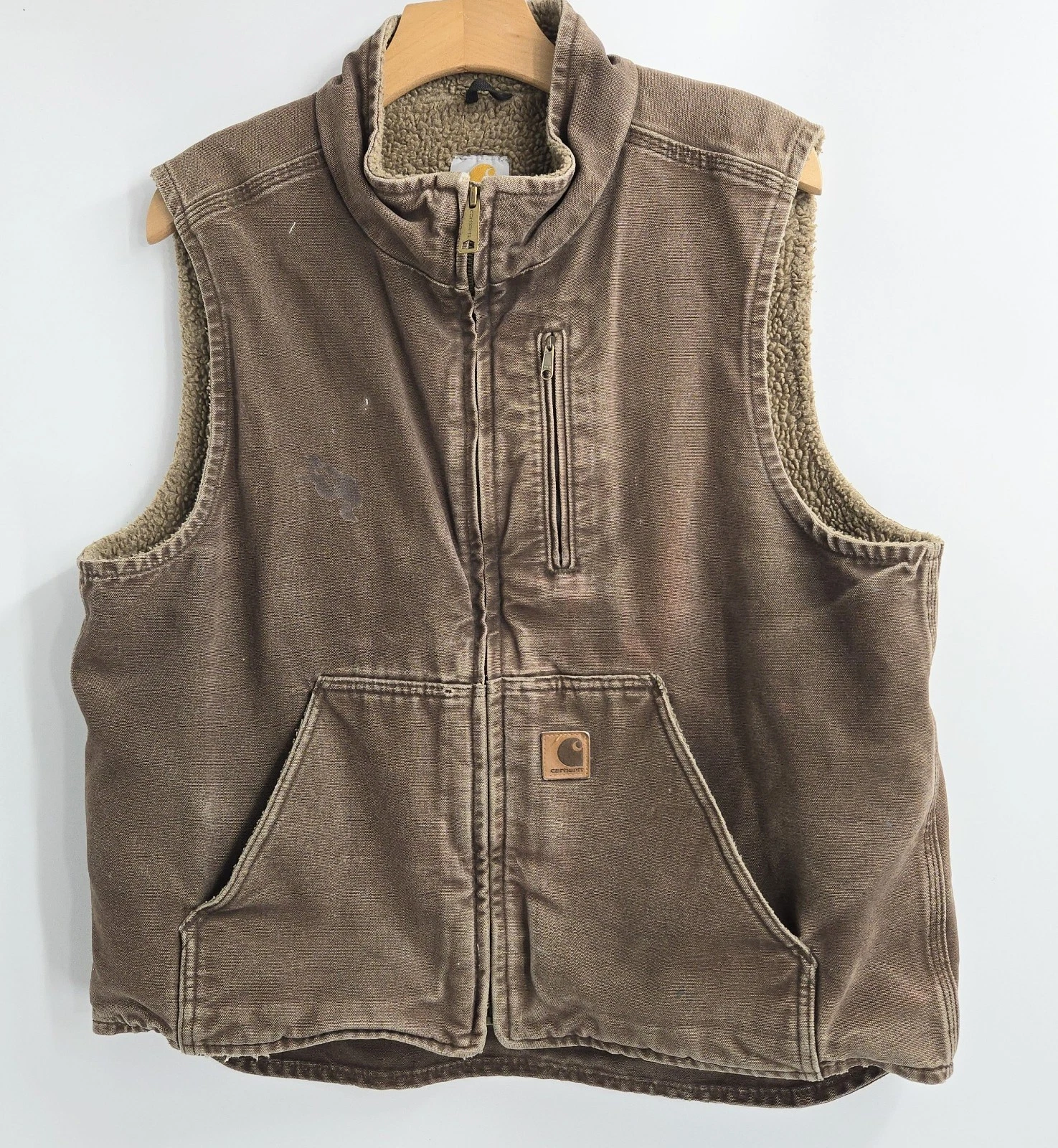 Carhartt Duck Vest Men's Large Brown Fleece Lined Distressed Faded Canvas