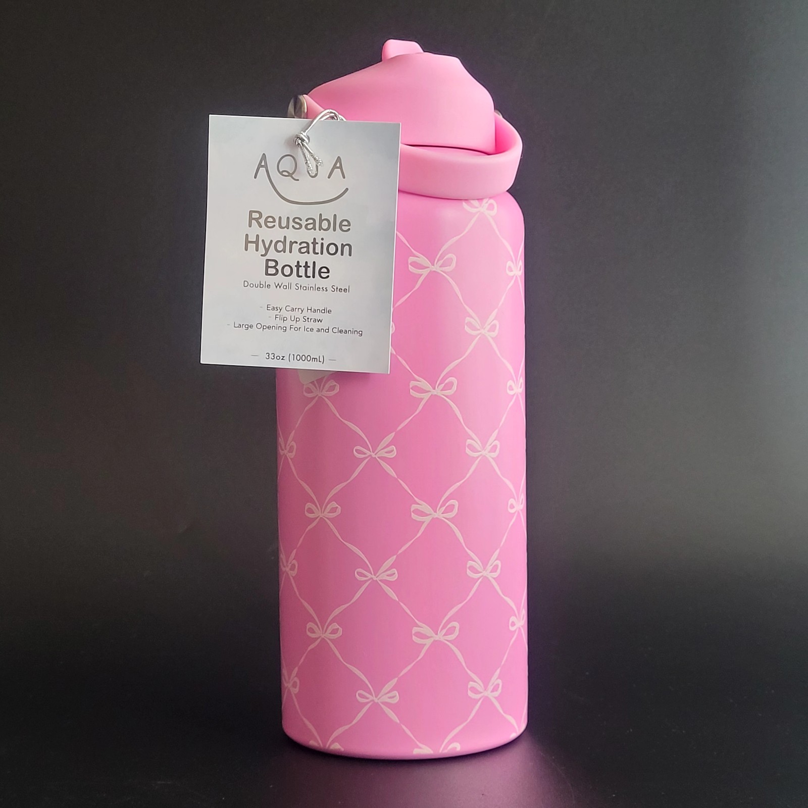 Aqua 33 oz Water Bottle Barbie Pink Baby Pink Lattice Bow Co