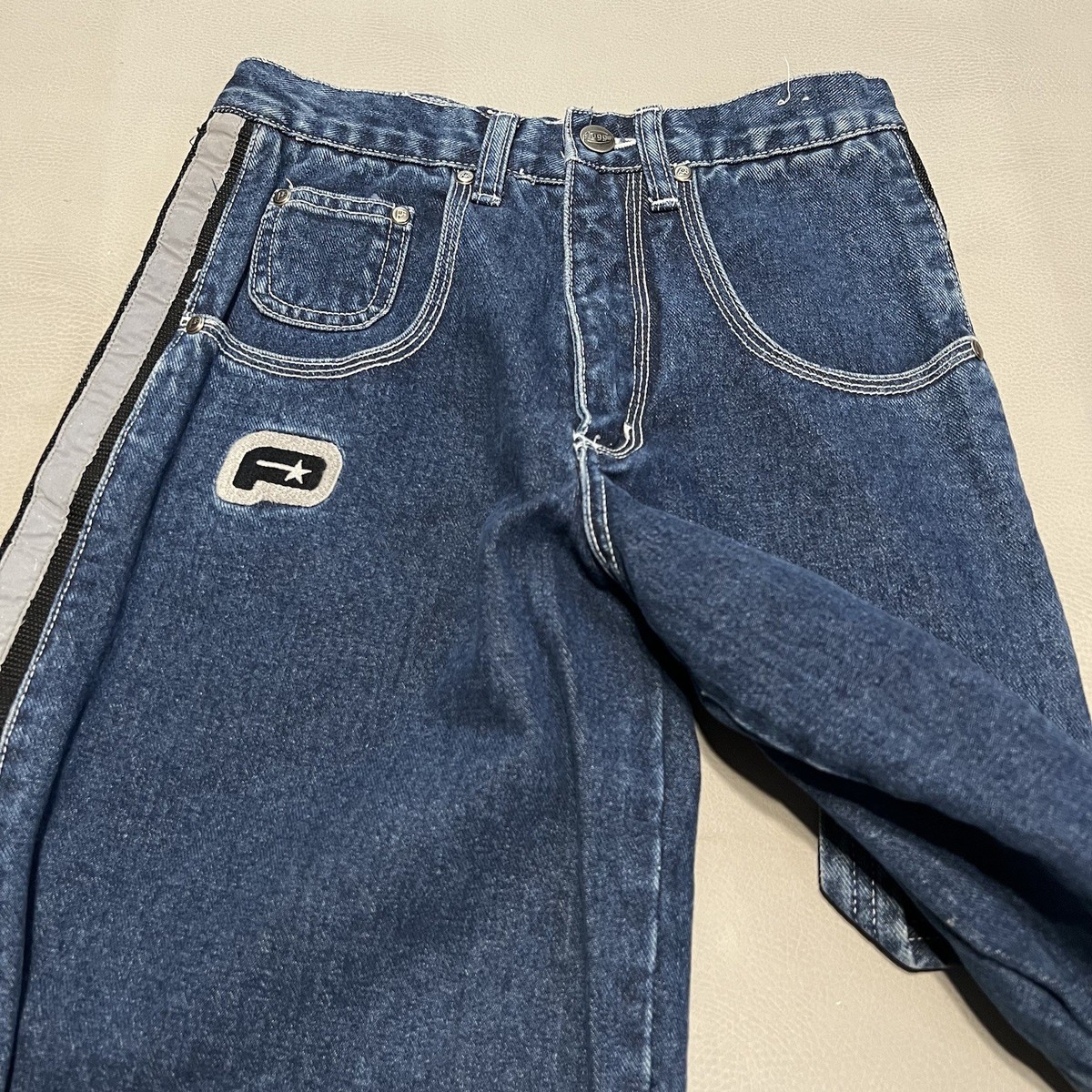 New VTG Y2K Men Plugg Wide Flare Blue Jean 26x25 3M Reflective