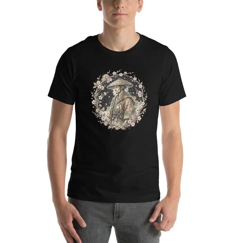 Botanical Ronin Samurai T-Shirt | Hand-Drawn Ink Cherry Blossom Artisan Tee - product listing photo