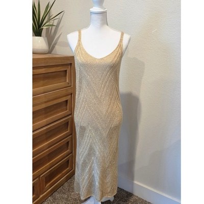 Floris Italy Metallic Knit Midi Dress Chevron Sleeveless Gold Resort Glam S/M