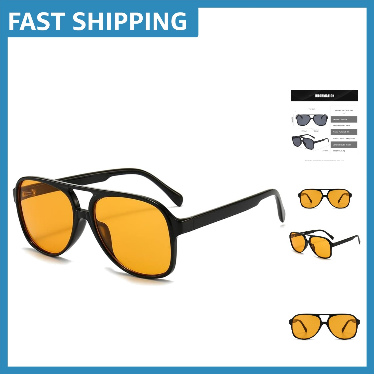 Retro Oversized Yellow Lens Aviator Sunglasses - UV 