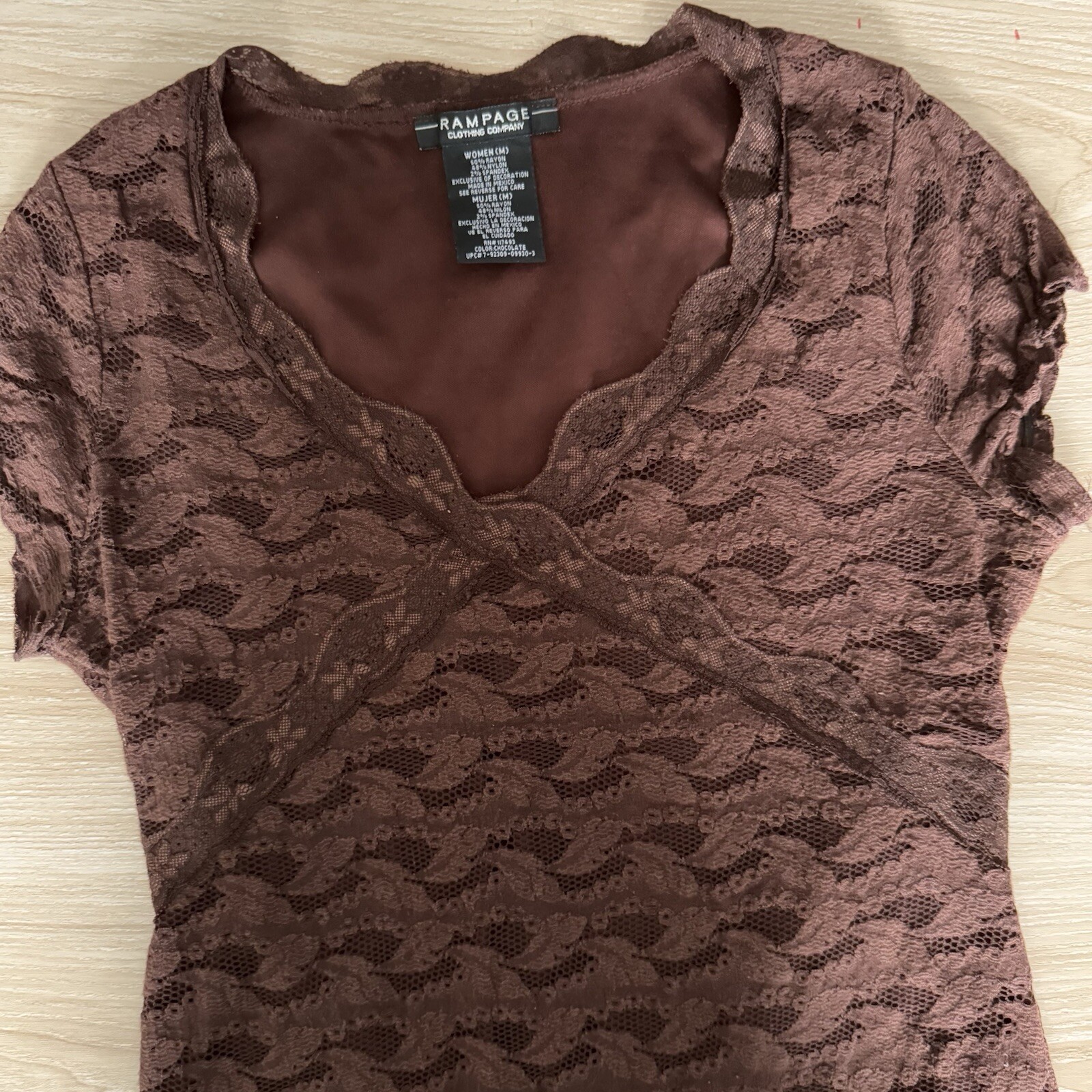 Y2K Rampage Medium Brown Lace Trim Fitted Top Scallop Neck Granola Goblin