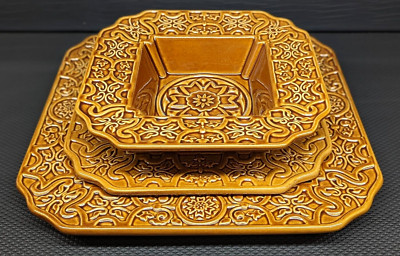 American Atelier At Home Medallion Amber Stoneware (3Pc) Place Setting RARE VTG