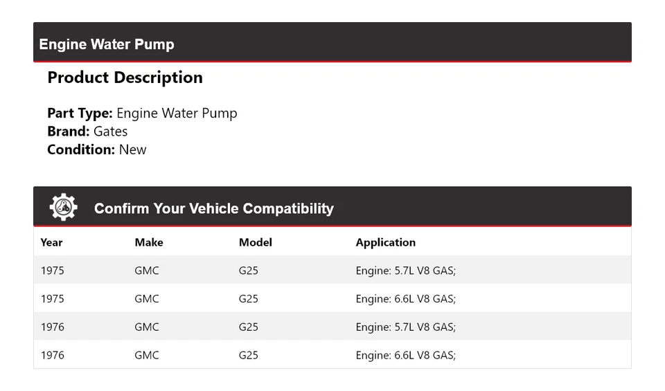 Puertas de bomba de agua para motor GMC G25 1975-1976 Foto 2 de 4
