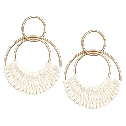 Stylish White Round Raffia Hoop Earrings for Women and Girls Perfect for Boho Summer Beach Looks-image