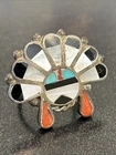 Zuni Sunface Inlay Ring Turquoise Coral Jet MOP Sterling Silver Sz 7.75 Vintage