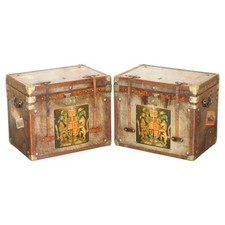 COPPIA STEMMI ARMORIALI TAVOLINI VINTAGE PELLE MARRONE BAULE VAPORE