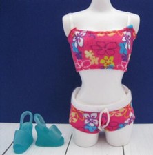 BARBIE DOLL CLOTHES 1999 HAWAII PINK FLORAL BIKINI/SHORTS SWIMSUIT/SHOES SANDALS