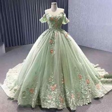 Green Appliques Flower Wedding Dress Elegant Off the Shoulder Flowers Ball Gowns
