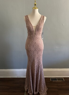 La Scala Brown Sequin and Lace Embellished Plunge Maxi Gown | Size: M