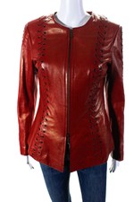 In Transit Womens Metallic Woven Leather Crew Neck Zip Jacket Red Gold Medium
