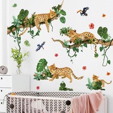 Jungle Animals Leopard Wall Decals Leopard on Tree Branch Vine Wall Stickers ...