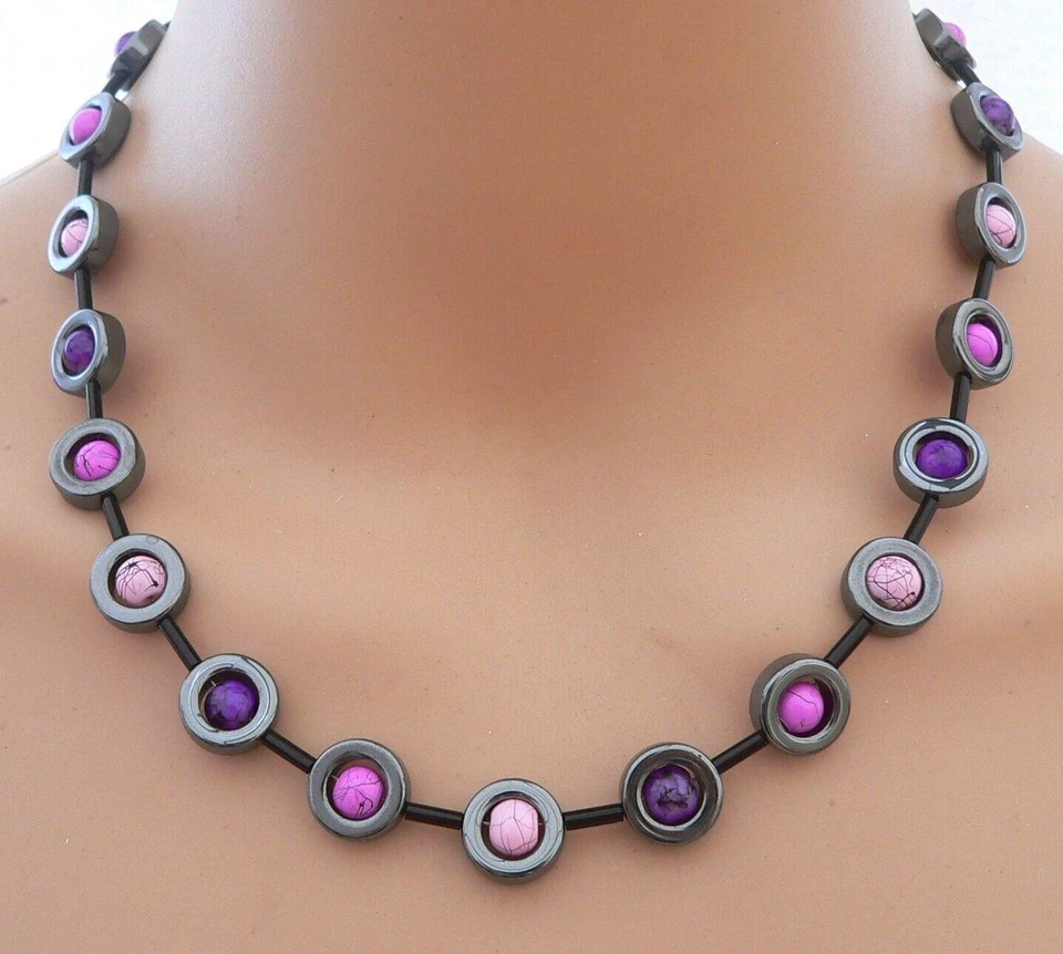 Halskette Hämatit Donut schwarz Perlen lila flieder rosa 353i - Bild 4 von 4