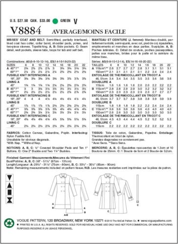 Vogue Outerwear Schnittmuster V8884 Zweireiher Mantel Jacke Gürtel 6-14/14-22 - Bild 9 von 9