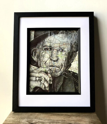 Keith Richards Portrait. Federzeichnung über Karte von London. A4 Druck ungerahmt