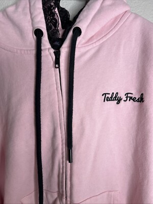 Teddy Fresh Women's Hoodie Full Zip Lace Trim Pink Size Medium M