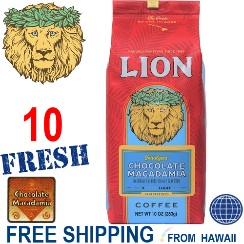 10 CHOCOLATE MACADAMIA Nut coffee 10oz Ground Light Indulgent Lion