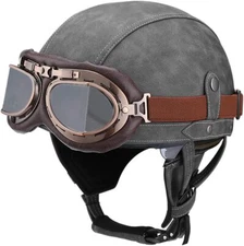 Vintage Leather Motorcycle Retro Half Helmet Cruiser with Goggles