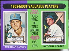 1975 Topps Mini #190 1952 MVPs (Bobby Shantz / Hank Sauer) MVP Baseball EX