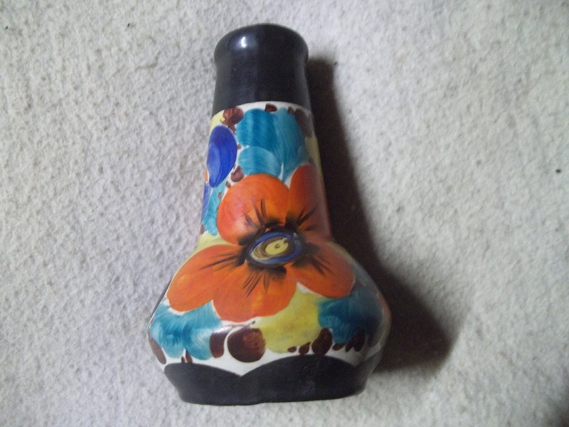 Czechoslovakia Vintage Peasant Art Pottery Hand Painted Floral Lamp #541  *WORKS