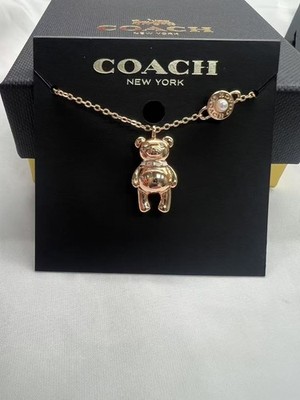 NEW COACH 3D Teddy Bear Charm Necklace Rose Gold Logo Pearl Adjustable 16  + 2 