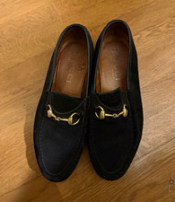 Gucci Men s Black Suede Slip-On Horsebit Loafers Almond Toe US 7.5