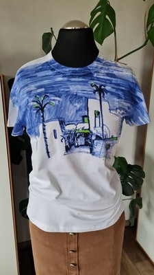 Desigual Designer auffallendes NEUes Shirt Top XL/L 40 weiß blau