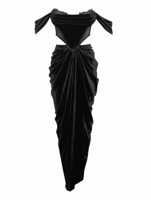 Miss Circle Women s Black Velvet Lace 2-Piece Set Off-Shoulder Top & Skirt L