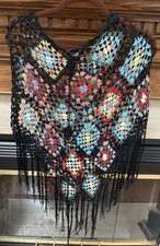 Vintage Crochet Patchwork Shawl Fringe/VTG/Boho Granny Square Poncho