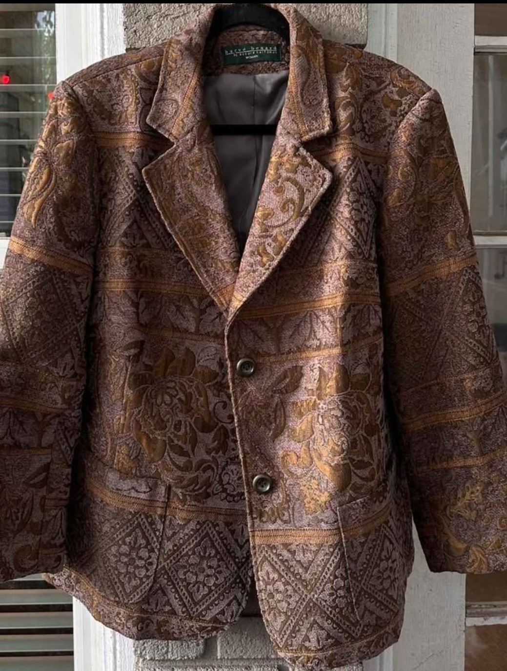 harvé benard Patterned Brown Gold Button Collared… - image 1